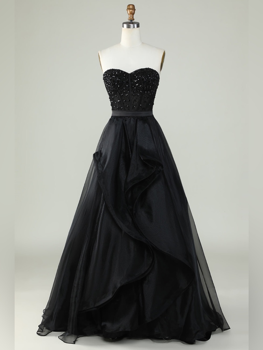 Strapless Black Beaded Ball Gown Dress